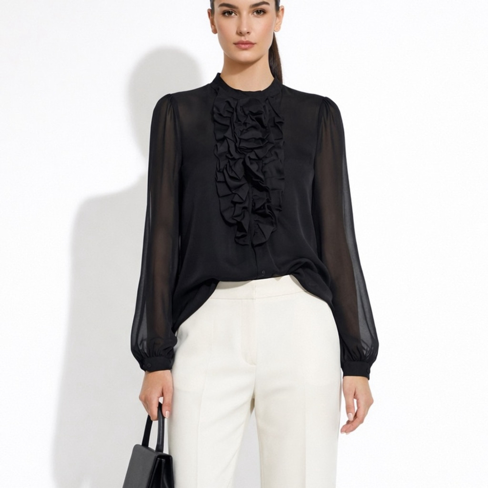 sandra angelozzi Black Silk Ruffle Blouse Large Sheer Long Sleeve Feminine Top
